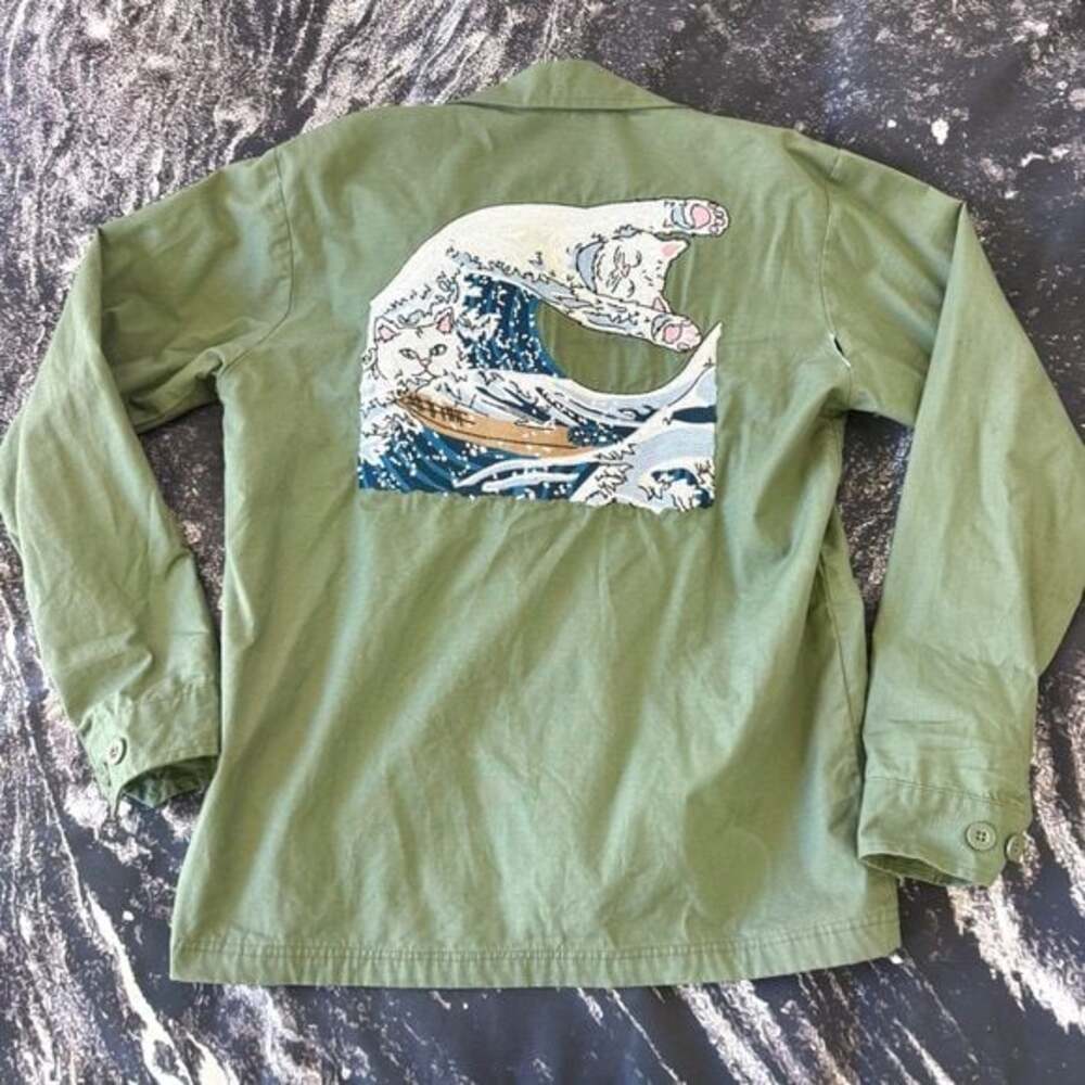 Rip n dip Great Waves Nermal Green Buttom Up Jacket Mens Small S Embroidered